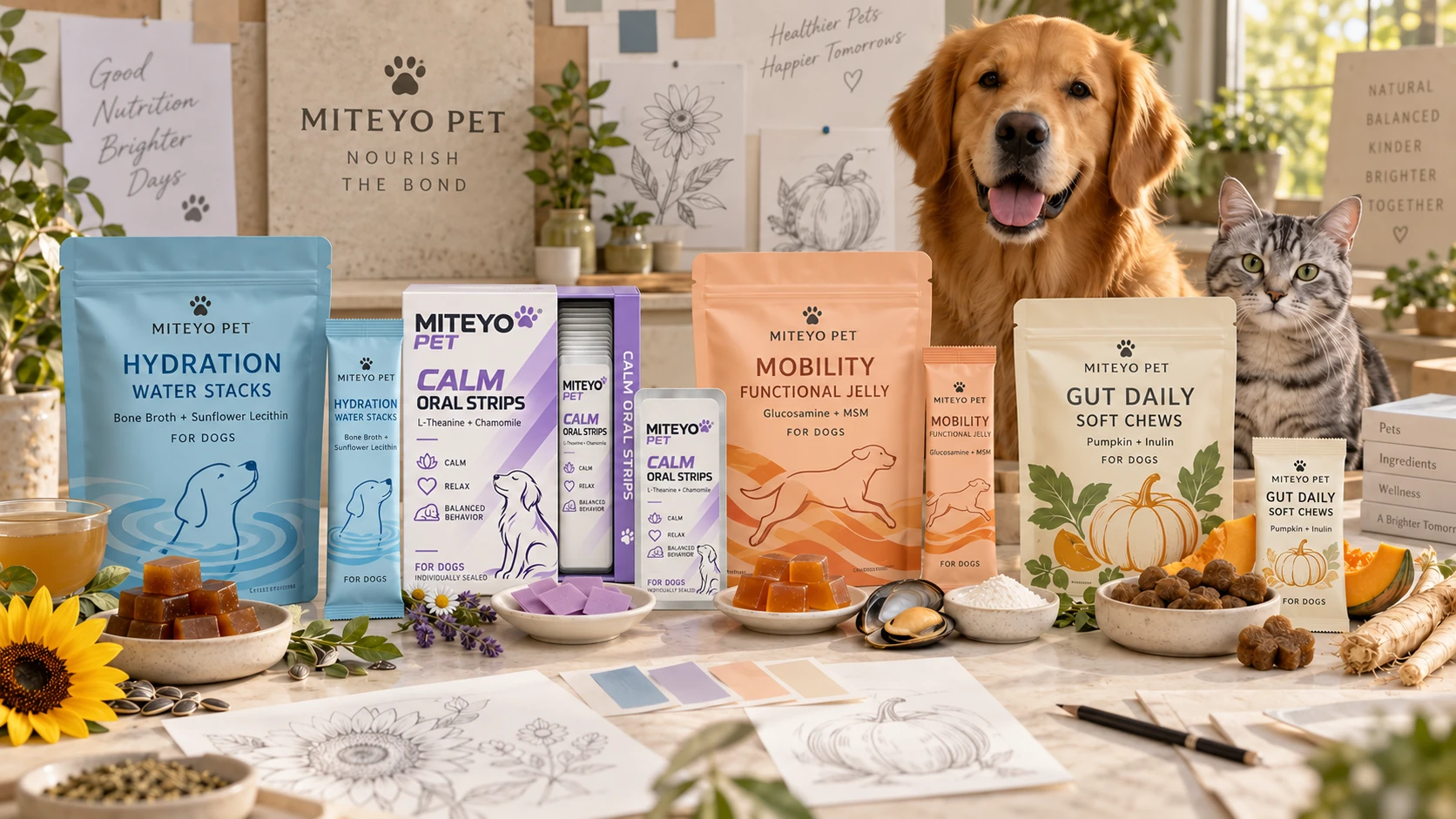 Pet nutrition brand presentation with dog, cat and coordinated packaging
