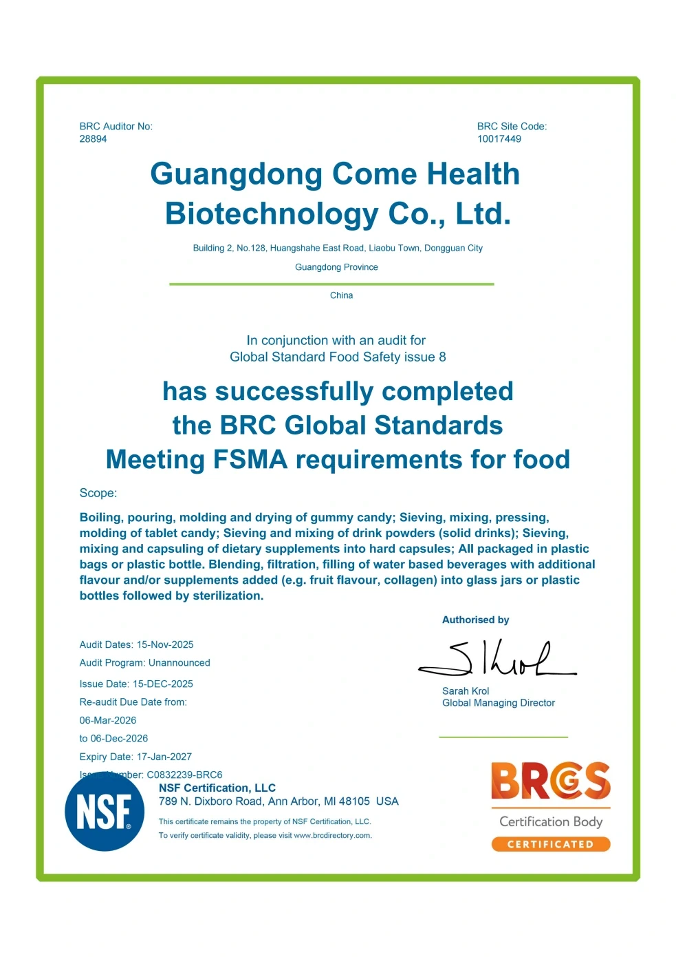 BRCGS FSMA add-on original document preview
