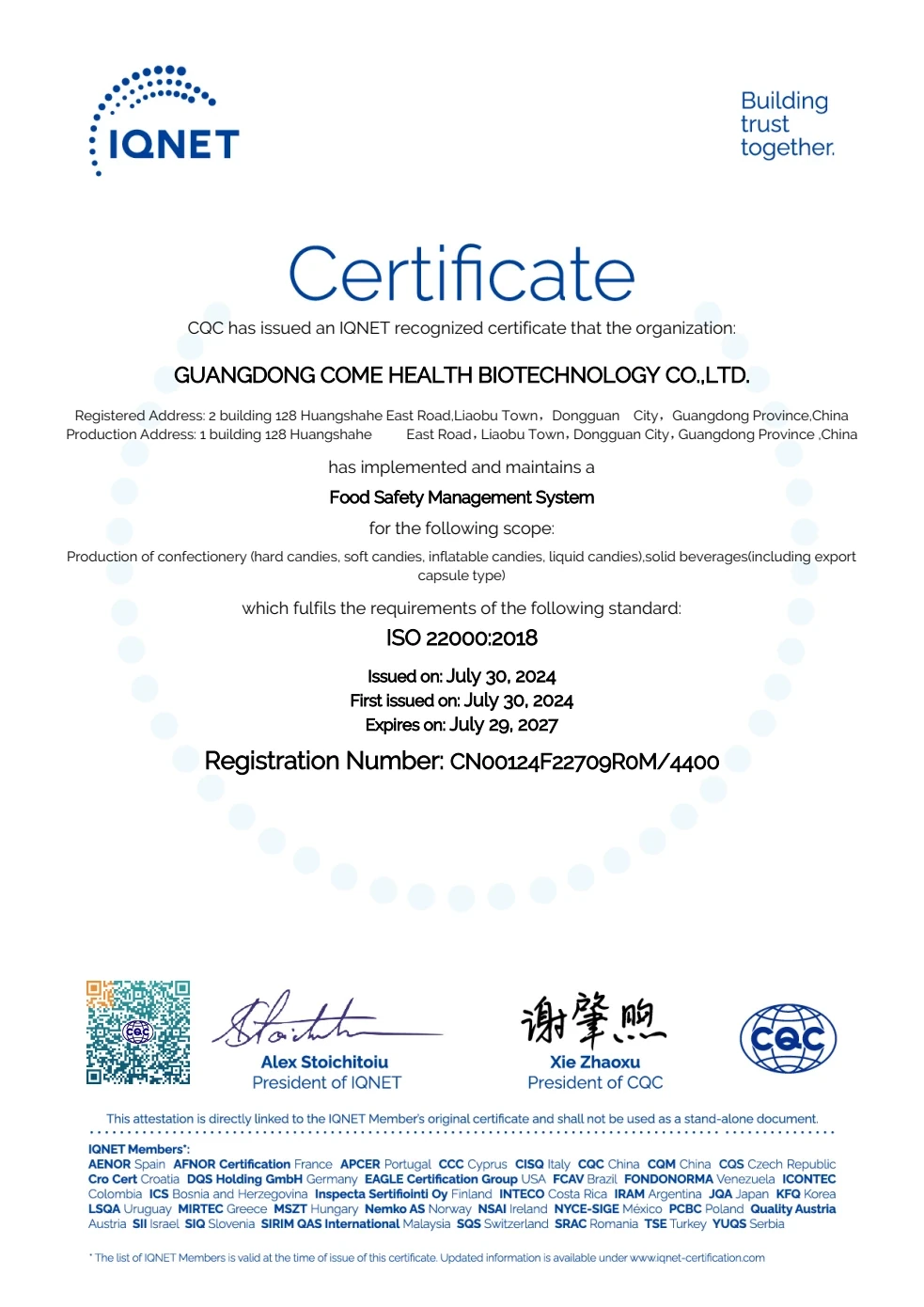 IQNET recognition of CQC ISO 22000 original document preview