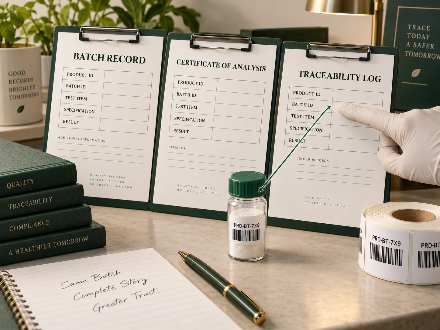 Illustration of batch records, COA fields and sample identity