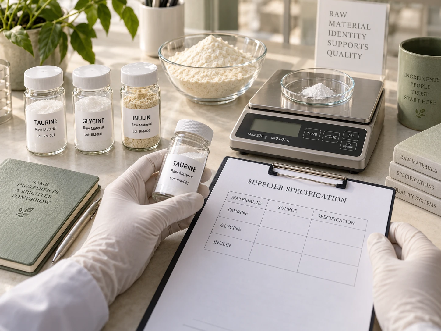 Illustration of raw-material samples checked against a supplier specification