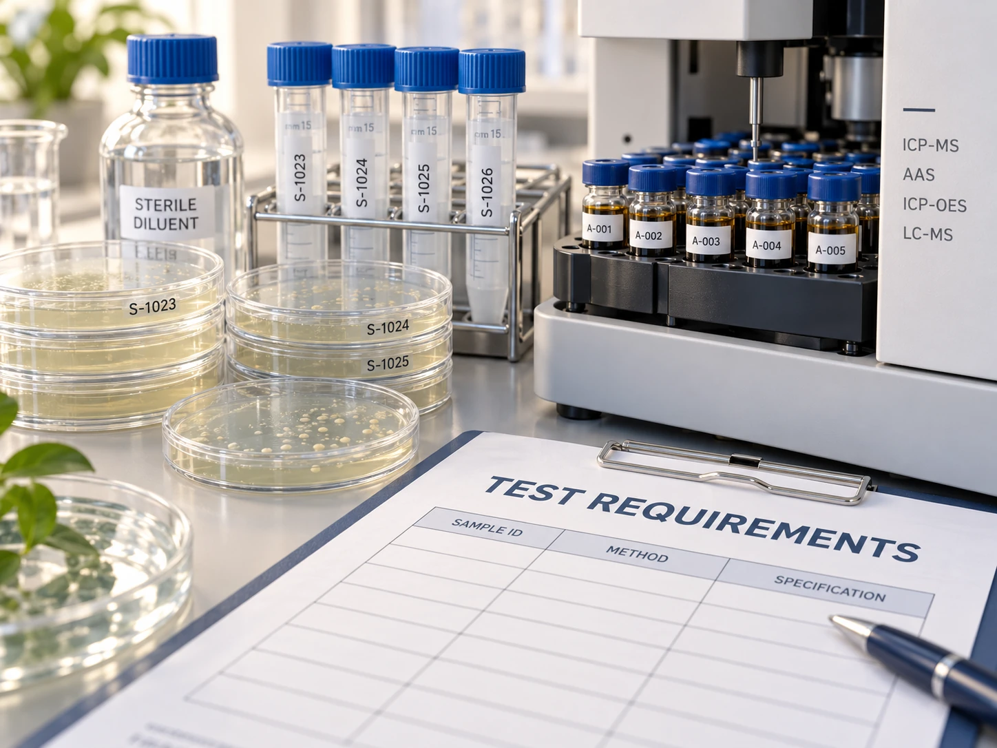 Illustration of microbial samples and analytical testing requirements